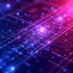 Fototapeta na wymiar Futuristic Circuit Board Background with Purple and Magenta Neon Glow