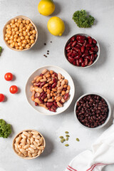 Different types of canned beans in bowls for healthy eating concepts. Plant protein 