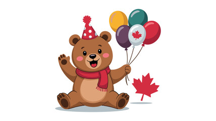 Cute Cartoon Bear Celebrating with Party Hat, Balloons, and Maple Leaf