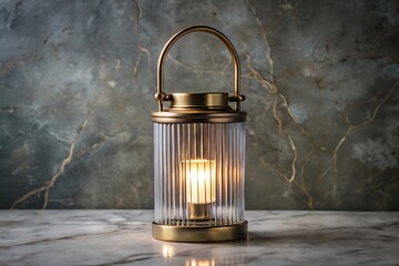 A vintage gold lantern with a glass enclosure sits on a marble surface creating a warm and inviting atmosphere