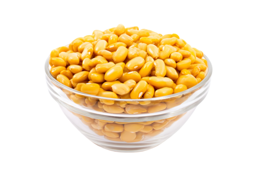 A clear bowl filled with delicious yellow beans rests against a stark transparent background, showcasing their vibrant color and texture, silhouette