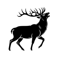 Black silhouette of a majestic stag with large antlers roaring vector illustration isolated on white background