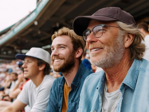 Grandfather, father and son watching a baseball game. 