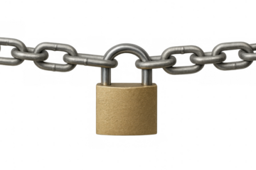 Closed padlock securing a metal chain on a transparent background, representing security, protection, and privacy