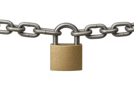 Closed padlock securing a metal chain on a transparent background, representing security, protection, and privacy