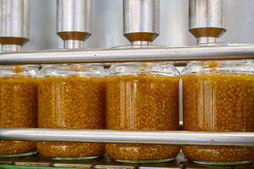 Mustard production process featuring glass jar packaging in a manufacturing facility