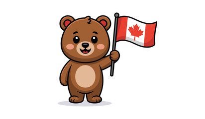 Cute Cartoon Bear Holding a Canadian Flag Symbolizing Patriotism