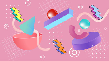 Abstract 1980s retro design with vibrant shapes and colors. Suitable for background, graphic design, print, web, and fashion projects.