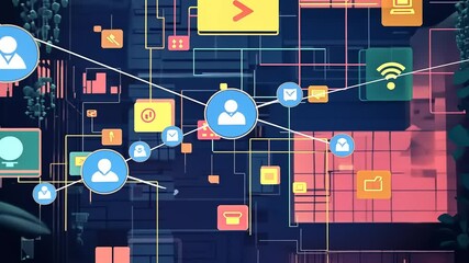 Abstract digital network illustration showcasing user connectivity with icons and vibrant colors - Powered by Adobe