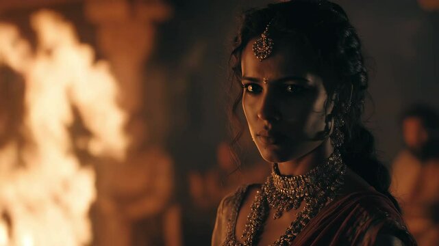 Draupadi stands resolute amidst flames, embodying strength and defiance. This moment echoes the Mahabharata, reflecting her vow of dignity and justice.