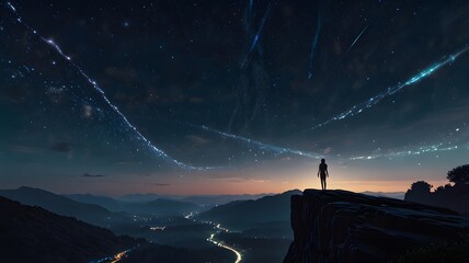 Night sky stars landscape wallpaper scenic view person silhouette mountains nature travel