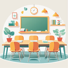 Fototapeta premium Classroom scene desk chairs board plants clock minimalist style
