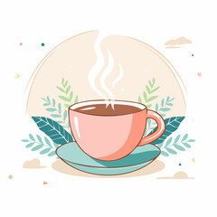 A pink cup on a blue saucer steam rising surrounded by green plants on a beige background