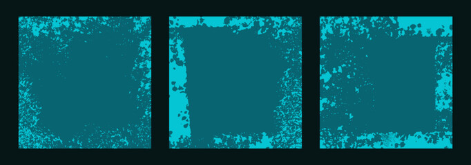 Halloween textures set. Vector creepy grungy teal and cyan color backgrounds. Square hand-drawn spray ink elements. Sponge stamps, splatter sprinkles textures. Grunge paint stroke greeting card bg