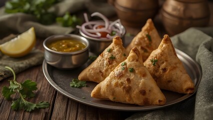 &ldquo;Golden Crispy Samosas with Spicy Filling &ndash; Traditional Indian Street Food Served with Chutneys and Rustic Garnish&rdquo;