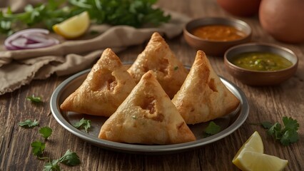 &ldquo;Golden Crispy Samosas with Spicy Filling &ndash; Traditional Indian Street Food Served with Chutneys and Rustic Garnish&rdquo;