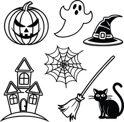 "Halloween Vector Icon Set – Pumpkin, Ghost, Witch Hat, Haunted House, Spider Web, Broom, Black Cat"

