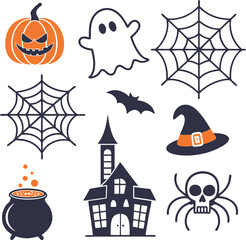 "Flat Halloween Vector Icons Set – Pumpkin, Ghost, Witch Hat, Haunted House, Cauldron, Spider, Bat, Skull"