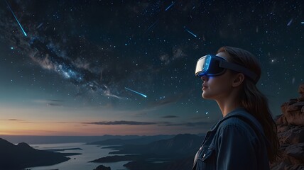 Vr headset woman watching starry night sky with shooting stars metaverse virtual reality