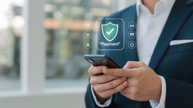 Businessman Using Smartphone For Secure Online Payment With Digital Shield Icon Representing Financial Transaction Security Technology

