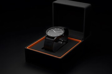 Black Men's Wristwatch in Kraft Gift Box on Dark Background, black minimal watch on black box, black wristwatch with a black strap on a black box with an orange interior on black background, wallpaper