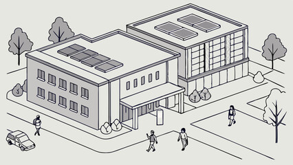 Sustainable Urban Building Complex with Solar Panels - Isometric Line Art Illustration