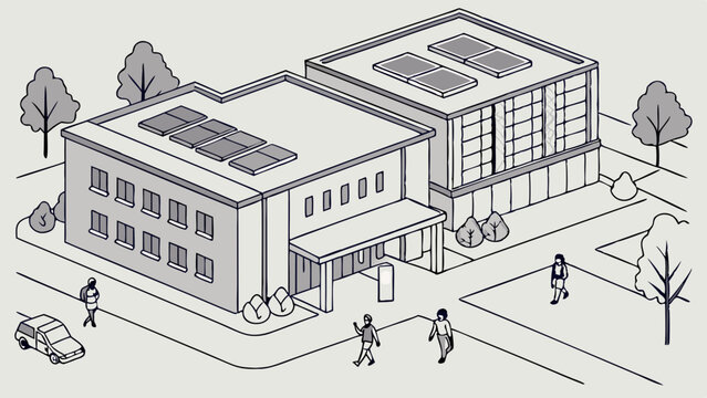 Sustainable Urban Building Complex with Solar Panels - Isometric Line Art Illustration