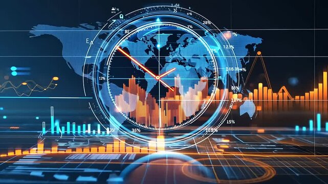 Futuristic digital globe with data analytics overlay, showcasing global trends and statistics - Powered by Adobe