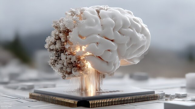 AI Brain Disruption: Data Erosion on Computer Chip, Futuristic