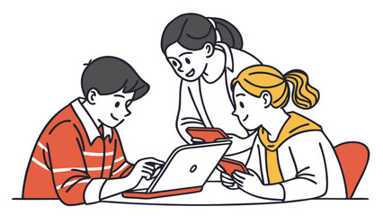 Diverse Youth Collaborating on Digital Devices for Education and Teamwork Illustration