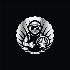 Scuba diver with fish on the black background. Vector illustration. Illustration of a scuba diver and a ship on a black background.