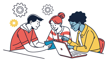 Diverse Young Team Collaborates on Project with Laptop and Tablet, Gears Symbolize Teamwork and Innovation