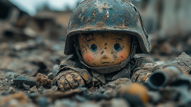 Lost Childhood: Doll in Military Gear Amidst War and Ruins