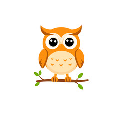 Obraz premium Cute cartoon orange owl perched on a branch isolated on white background