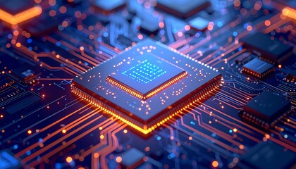 "Glowing Symbols in Motion: A Close-Up of a Microchip Highlighting Vivid Data Transfer Within a Complex Digital Circuit"