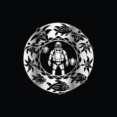 Scuba diver with fish on the black background. Vector illustration. Illustration of a scuba diver and a ship on a black background.