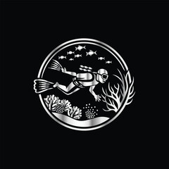 Scuba diver with fish on the black background. Vector illustration. Illustration of a scuba diver and a ship on a black background.