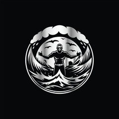 Scuba diver with fish on the black background. Vector illustration. Illustration of a scuba diver and a ship on a black background.