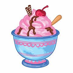 illustration art hand drawn cute pink ice cream strawberry and cherry with blue bowl sticker design