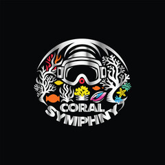 Scuba diver with fish on the black background. Vector illustration. Illustration of a scuba diver and a ship on a black background.