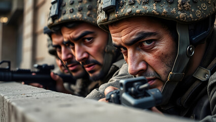 Fototapeta premium Close-up of Three Soldiers in Combat Gear, Focused and Intense