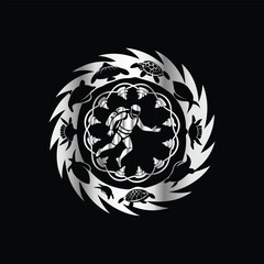 Scuba diver with fish on the black background. Vector illustration. Illustration of a scuba diver and a ship on a black background.