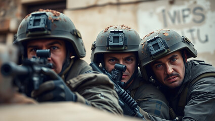 Obraz premium Three Soldiers in Combat Gear Focused on Mission