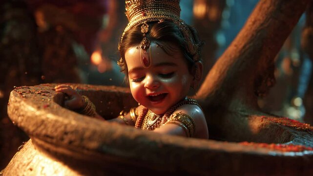 Joyful depiction of Krishna, a beloved deity, playfully tied to a mortar, radiating innocence and mischief. Inspired by Hindu mythology, this scene captures divine playfulness.