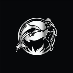 Scuba diver with fish on the black background. Vector illustration. Illustration of a scuba diver and a ship on a black background.