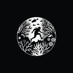 Scuba diver with fish on the black background. Vector illustration. Illustration of a scuba diver and a ship on a black background.