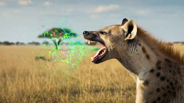 Wild hyena roaring in the savannah with vibrant energy
