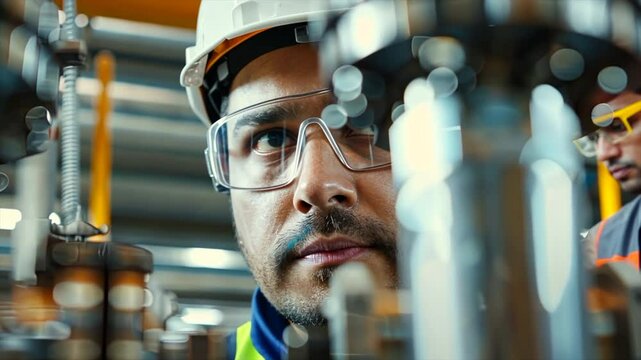 An engineer working on a gas maze, wearing safety glasses and a hard hat