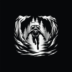 Scuba diver with fish on the black background. Vector illustration. Illustration of a scuba diver and a ship on a black background.