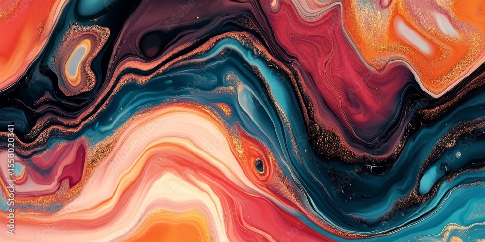 Poster detailed close-up of fluid, marbled patterns with rich colors and flowing lines, ideal for elegant, 
